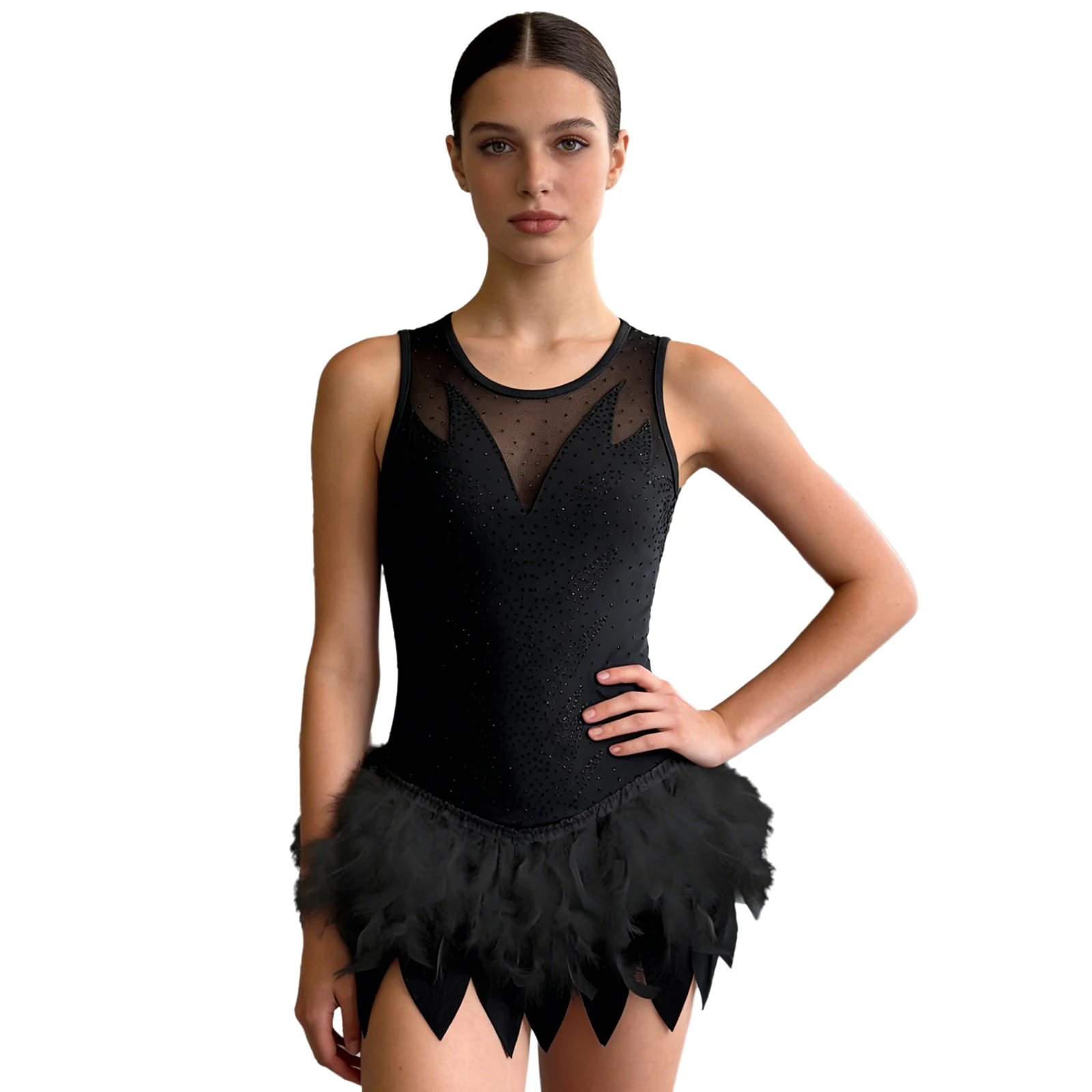 Women Sleeveless Shiny Rhinestones Feather Mesh Ballet Leotard Tutu Swan Dance Figure Skating Rhythmic Gymnastics Bodysuit Dress
Women Sleeveless Shiny Rhinestones Feather Mesh Ballet Leotard Tutu Swan Dance Figure Skating Rhythmic Gymnastics Bodysuit Dress