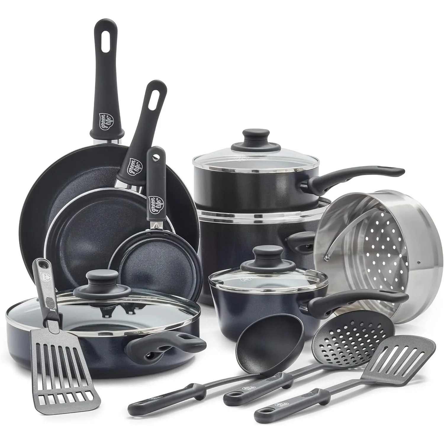 Soft Grip Healthy Ceramic Nonstick 16 Piece Kitchen Cookware Pots and Frying Sauce Saute Pans Set, PFAS-Free, Black Diamond
Soft Grip Healthy Ceramic Nonstick 16 Piece Kitchen Cookware Pots and Frying Sauce Saute Pans Set, PFAS-Free, Black Diamond