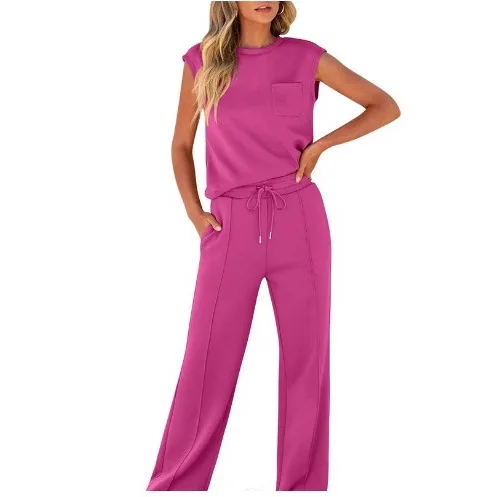 2025 Summer Women's Casual Suit Solid Color New Sleeveless Top High Waist Wide Leg Pants Women's Two-piece Suit 
2025 Summer Women's Casual Suit Solid Color New Sleeveless Top High Waist Wide Leg Pants Women's Two-piece Suit