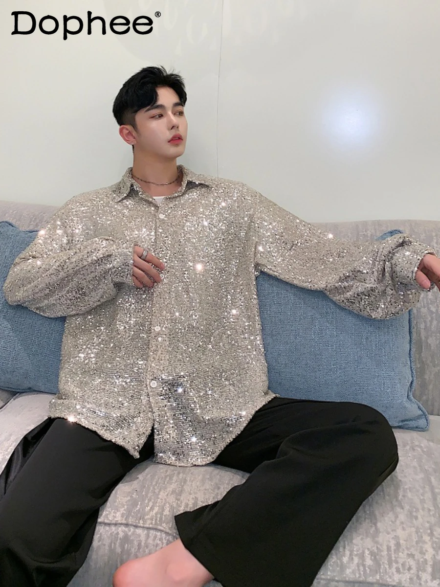 Silver Long Sleeve Loose Shirt Fashion Stage Performance Costume Summer Trend Youth Male Single-Broke Solid Color Shirt
Silver Long Sleeve Loose Shirt Fashion Stage Performance Costume Summer Trend Youth Male Single-Broke Solid Color Shirt