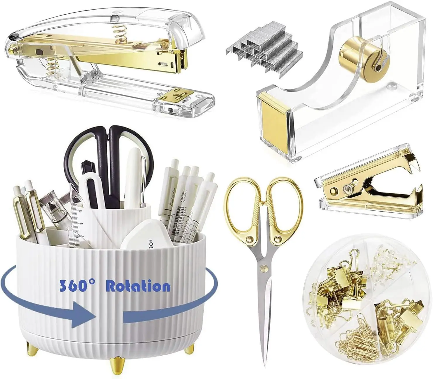 360° Rotating Pen Holder Set with Stapler, Scissors & More
360° Rotating Pen Holder Set with Stapler, Scissors & More