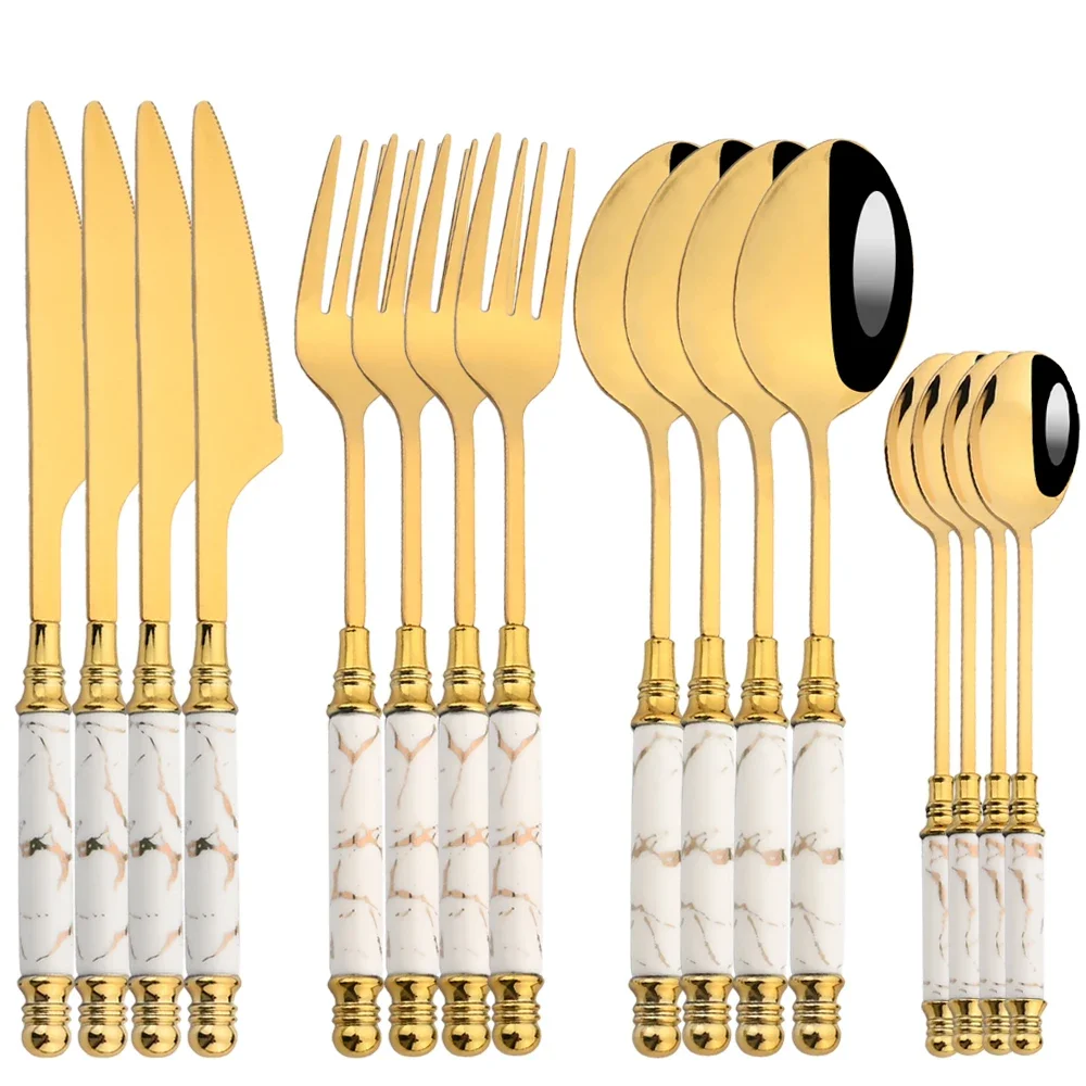 16Pcs Tableware Set Cutlery Set Mirror Ceramic Handle Gold Flatware Fork Spoon Knife Set Stainless Steel Dinnerware Dinner Set
16Pcs Tableware Set Cutlery Set Mirror Ceramic Handle Gold Flatware Fork Spoon Knife Set Stainless Steel Dinnerware Dinner Set