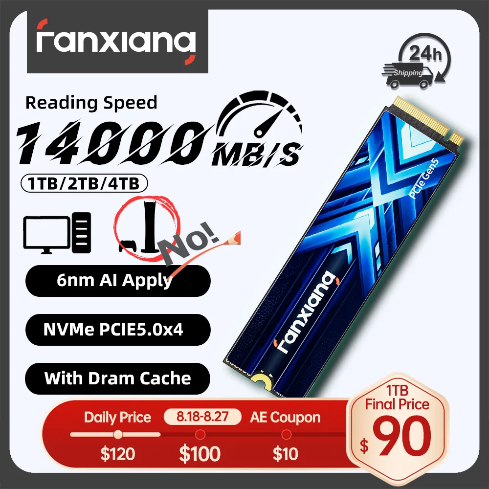 Fanxiang S910 M.2 SSD 1 ТБ 2 ТБ 4 ТБ 14000 МБ/с PCIe 5,0 M.2 NVMe SSD-накопитель с кэшем Dram Внутренний твердотельный накопитель для портативных ПК
Fanxiang S910 M.2 SSD 1 ТБ 2 ТБ 4 ТБ 14000 МБ/с PCIe 5,0 M.2 NVMe SSD-накопитель с кэшем Dram Внутренний твердотельный накопитель для портативных ПК