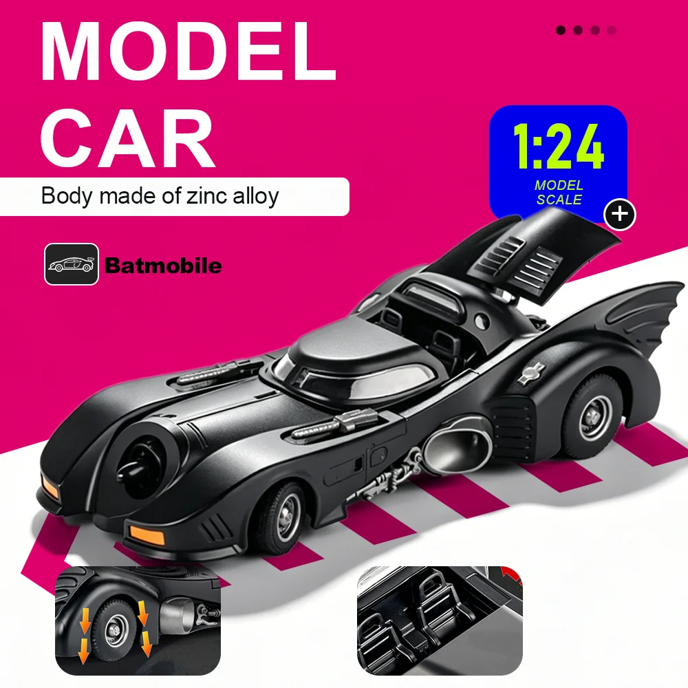1:24 Scale 1989 Batmobile Sports Car Miniature Diecast Alloy Toy Model Shock Absorption Front Wheel Sterring Vehice Gift for Boy
1:24 Scale 1989 Batmobile Sports Car Miniature Diecast Alloy Toy Model Shock Absorption Front Wheel Sterring Vehice Gift for Boy
