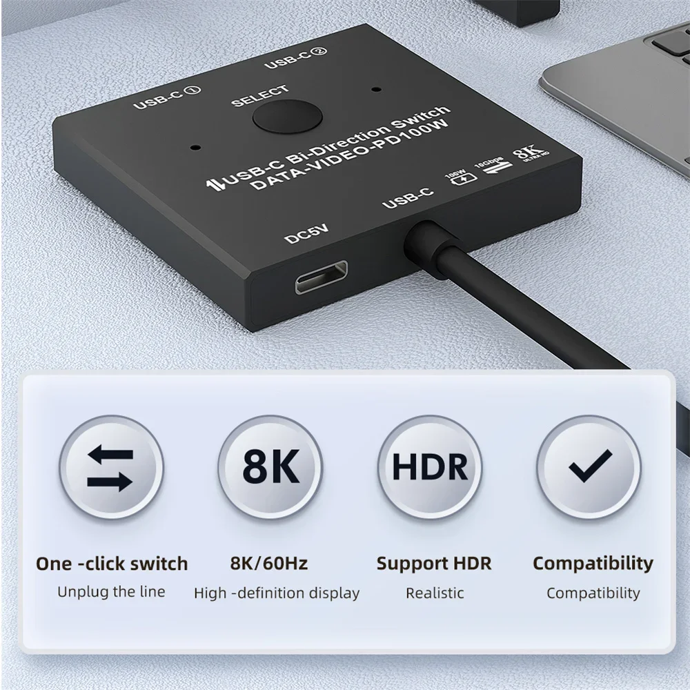 Двусторонний переключатель USB C KVM 1x2/2x1 USB 3.1 сплиттер видеопереключатель данных 8K @ 30 Гц PD 100 Вт
Двусторонний переключатель USB C KVM 1x2/2x1 USB 3.1 сплиттер видеопереключатель данных 8K @ 30 Гц PD 100 Вт