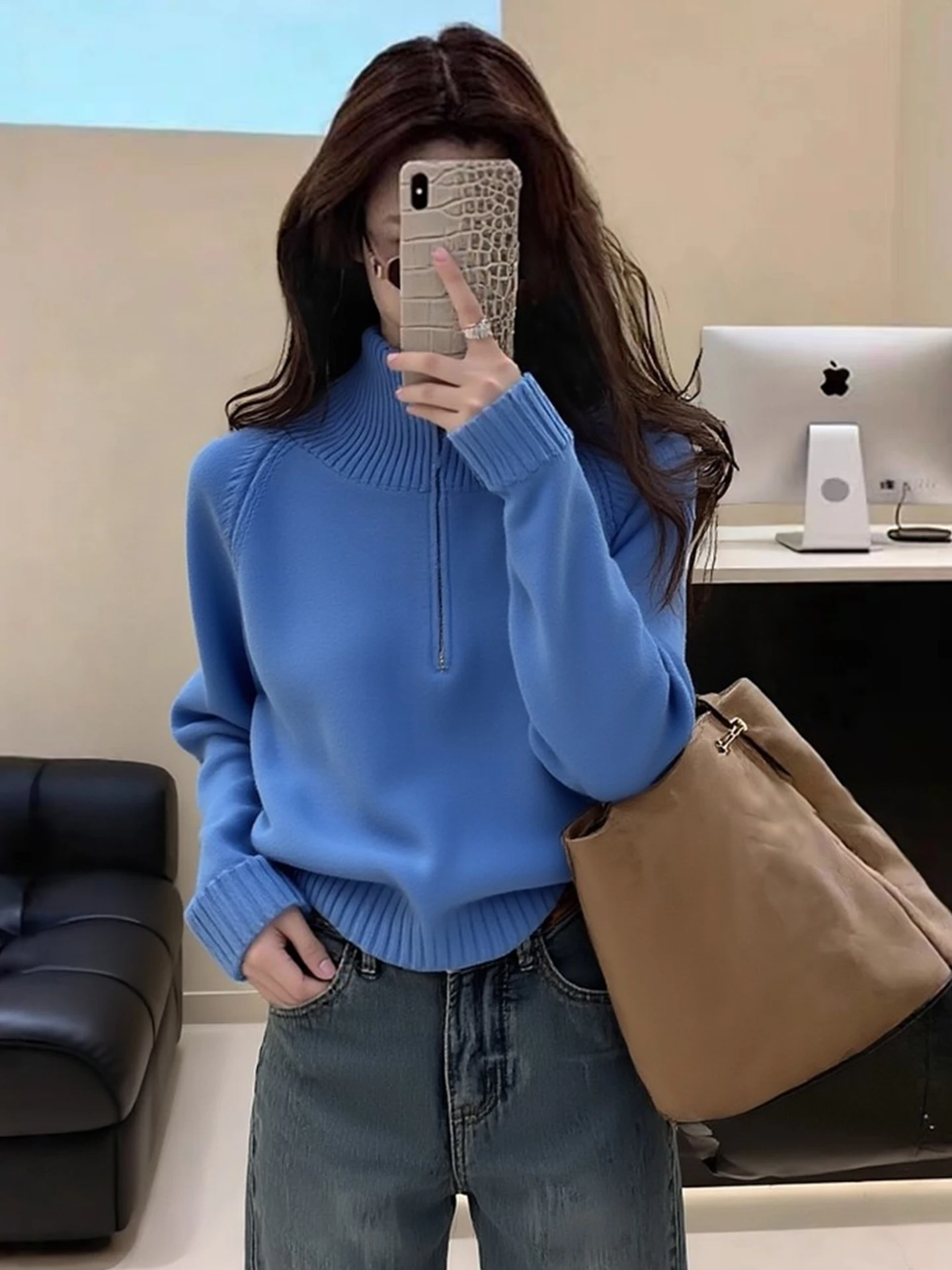 Soft Blue High Collar Half Zip Knitwear Long Sleeve Winter Fashionable Versatile Women's Cashmere Sweater Korean Style Commute
Soft Blue High Collar Half Zip Knitwear Long Sleeve Winter Fashionable Versatile Women's Cashmere Sweater Korean Style Commute
