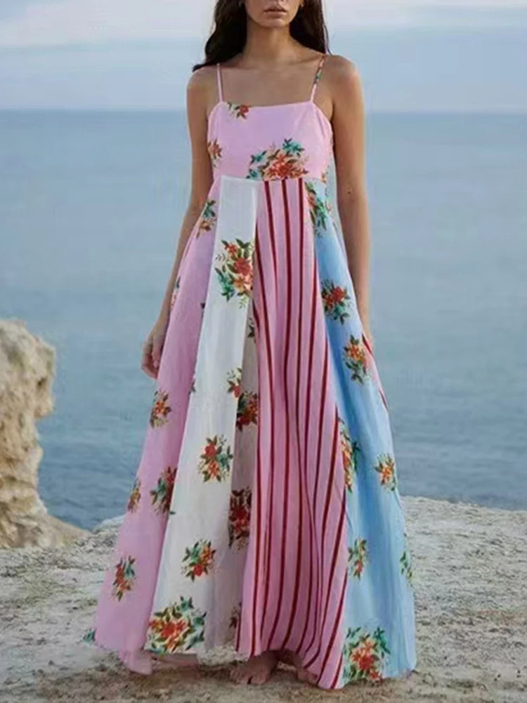 Chic Loose Print Stripe Beach Strap Dresses Spring Women Sleeveless Big Swing Dress Summer High Waist Patchwork Camisole Dress
Chic Loose Print Stripe Beach Strap Dresses Spring Women Sleeveless Big Swing Dress Summer High Waist Patchwork Camisole Dress