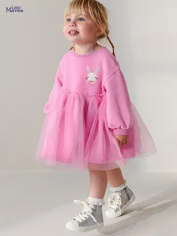 2025 primavera otoño estilo europeo y americano niñas de manga larga vestido de malla de dibujos animados 2-7 años vestido de princesa de algodón para niños