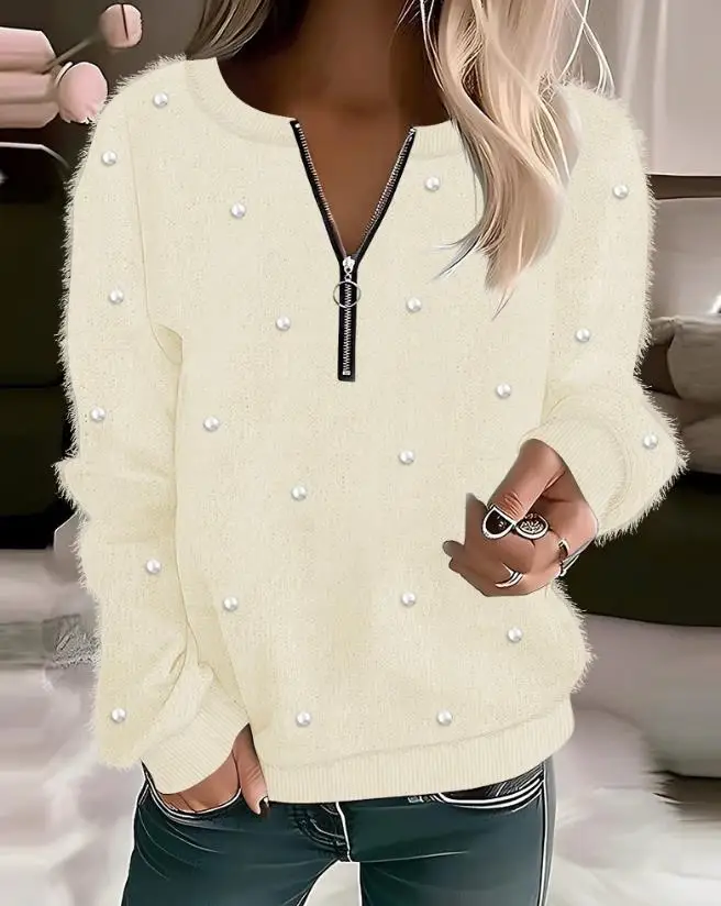 Women's Autumn and Winter Pullover Tops 2023 Zipper Design Pearls Decor Fuzzy Top Daily Casual Elegant Long Sleeve Pullover Top
Women's Autumn and Winter Pullover Tops 2023 Zipper Design Pearls Decor Fuzzy Top Daily Casual Elegant Long Sleeve Pullover Top