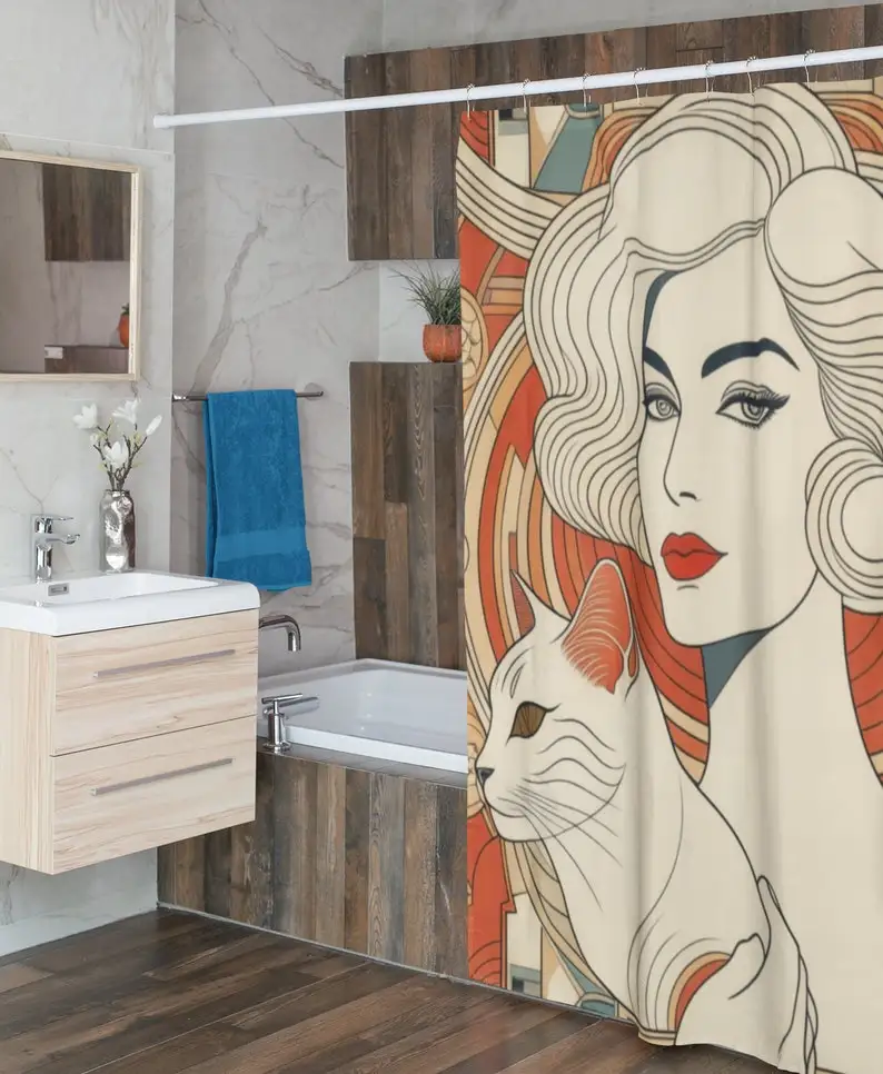 Retro Shower Curtain, 1920s Style in Orange and Beige, Art Deco Home Decor, Stylish Room Divider
Retro Shower Curtain, 1920s Style in Orange and Beige, Art Deco Home Decor, Stylish Room Divider