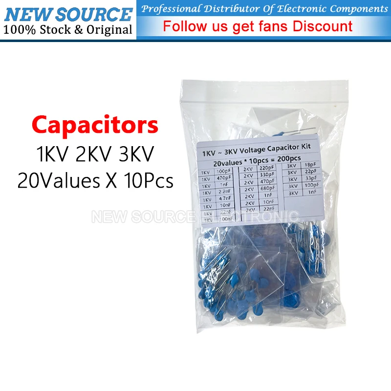 (200pcs/20 Values) 1KV 2KV 3KV High Voltage Ceramic Capacitors Kit 18PF 100PF 3PF 470PF 220PF 1NF 10NF 22NF 4.7NF Capacitors
(200pcs/20 Values) 1KV 2KV 3KV High Voltage Ceramic Capacitors Kit 18PF 100PF 3PF 470PF 220PF 1NF 10NF 22NF 4.7NF Capacitors