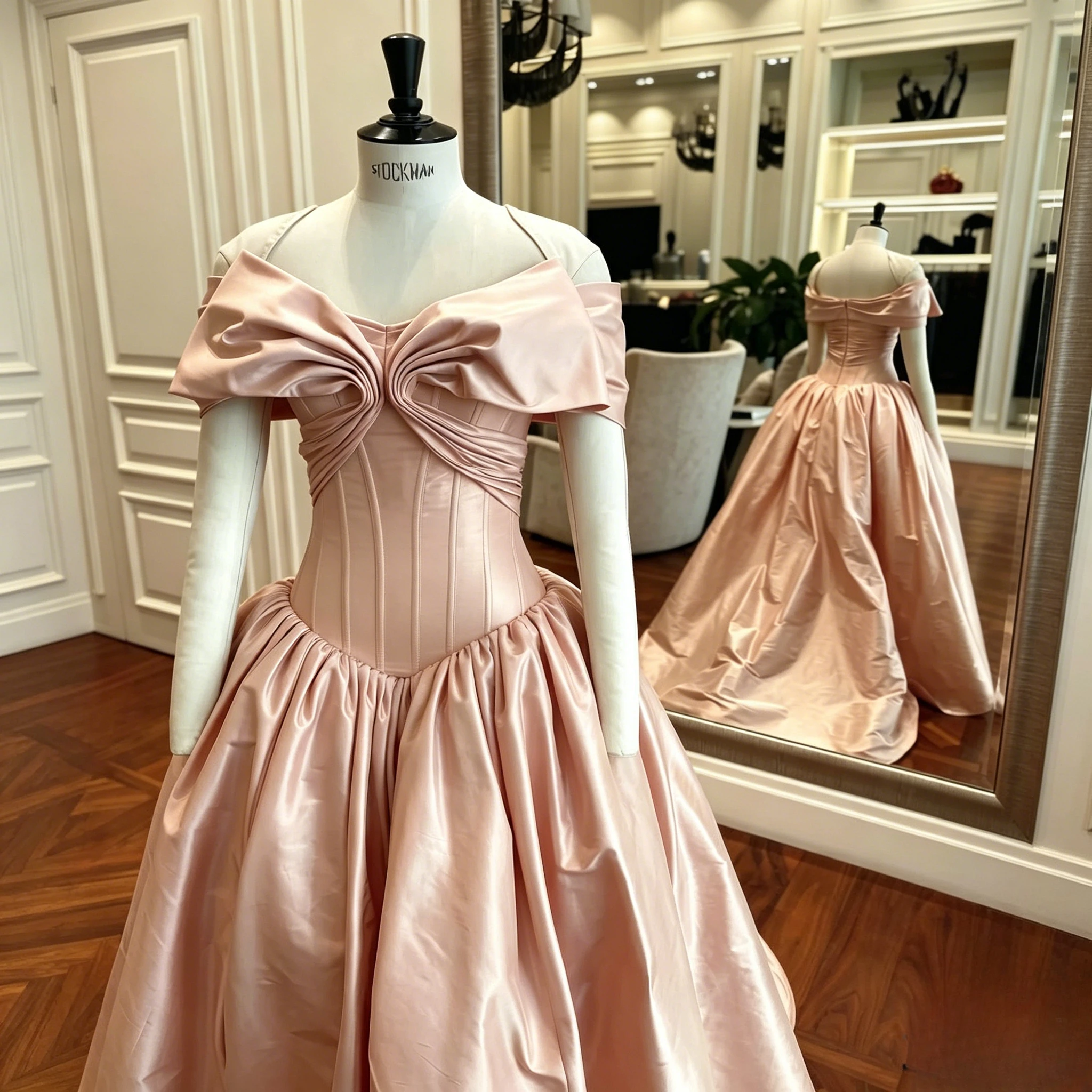 Pink Formal Ball Gown Featuring Off‑The‑Shoulder Neckline Statement Bow Twist Detail Fitted Structured Bodice And Satin Skirt
Pink Formal Ball Gown Featuring Off‑The‑Shoulder Neckline Statement Bow Twist Detail Fitted Structured Bodice And Satin Skirt