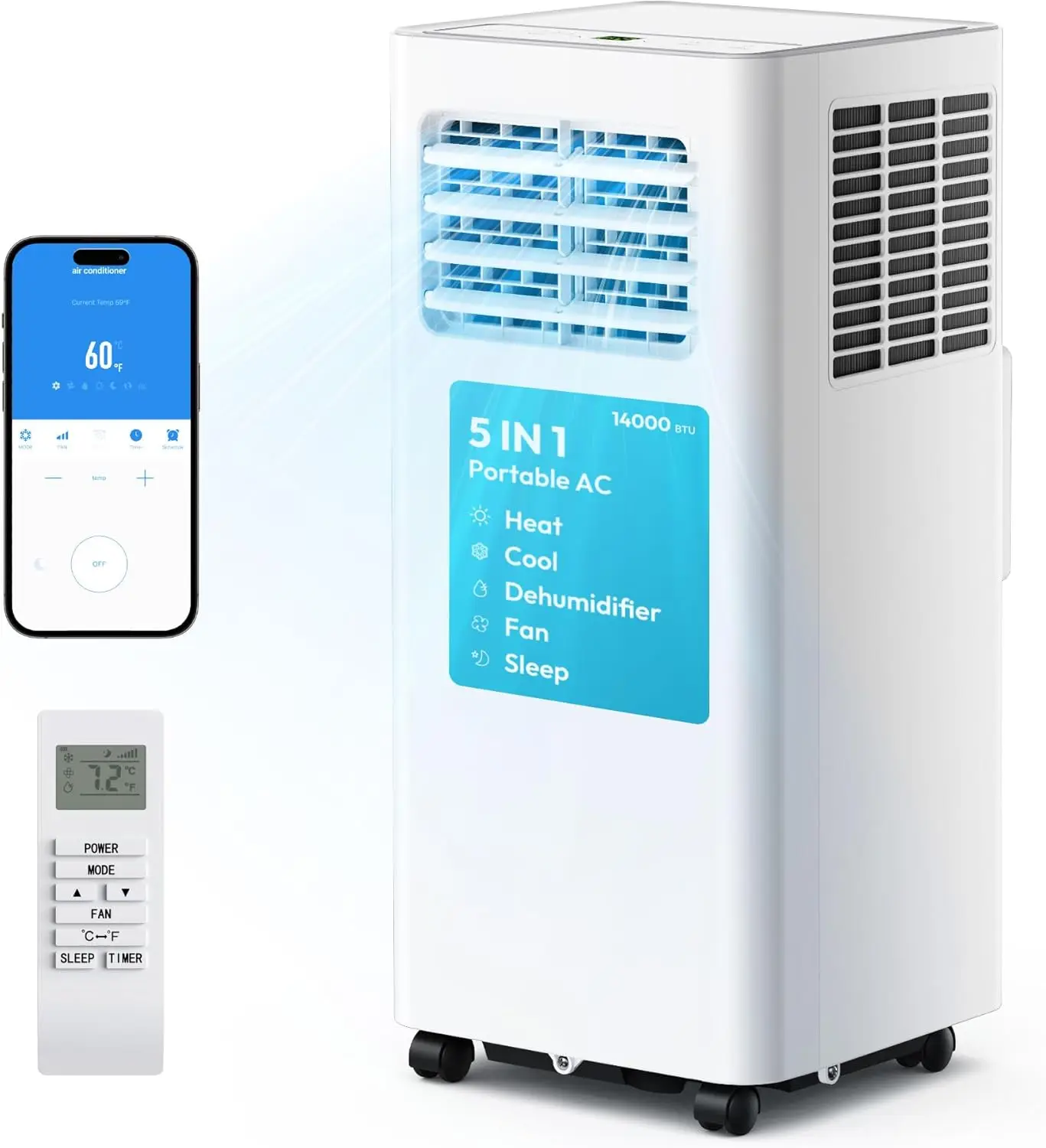 14,000 BTU Portable Air Conditioner, 5-in-1 AC Unit Cools Up to 650 Sq. Ft. in Bedroom, Features Cooling, Heating, Fan, Dehumidifier & Sleep Modes, Includes LED Remote, 24-Hour Timer, and Installation Kit
14,000 BTU Portable Air Conditioner, 5-in-1 AC Unit Cools Up to 650 Sq. Ft. in Bedroom, Features Cooling, Heating, Fan, Dehumidifier & Sleep Modes, Includes LED Remote, 24-Hour Timer, and Installation Kit