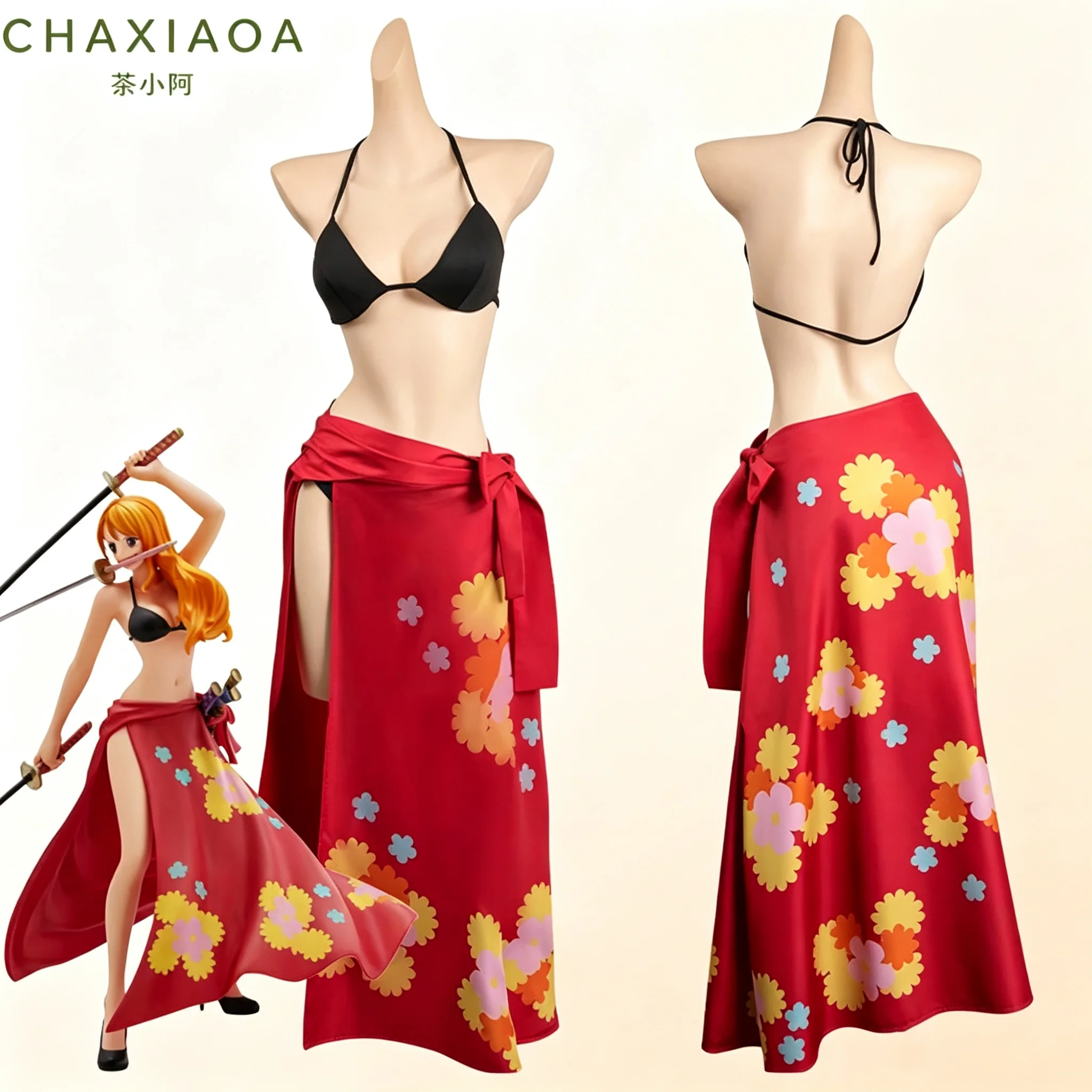Anime Girl Beach Nami Cosplay Costume Black Halter Bikini Floral Wrap Sarong Skirt Halloween Roleplay Three blade flow Outfit
Anime Girl Beach Nami Cosplay Costume Black Halter Bikini Floral Wrap Sarong Skirt Halloween Roleplay Three blade flow Outfit