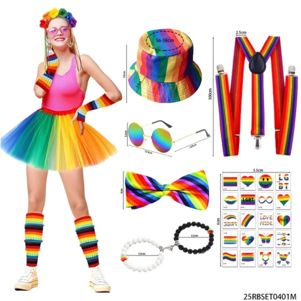 Rainbow color matching clothing accessories, colorful glasses, shoulder straps, hats, bracelets and other clothing accessories
Rainbow color matching clothing accessories, colorful glasses, shoulder straps, hats, bracelets and other clothing accessories
