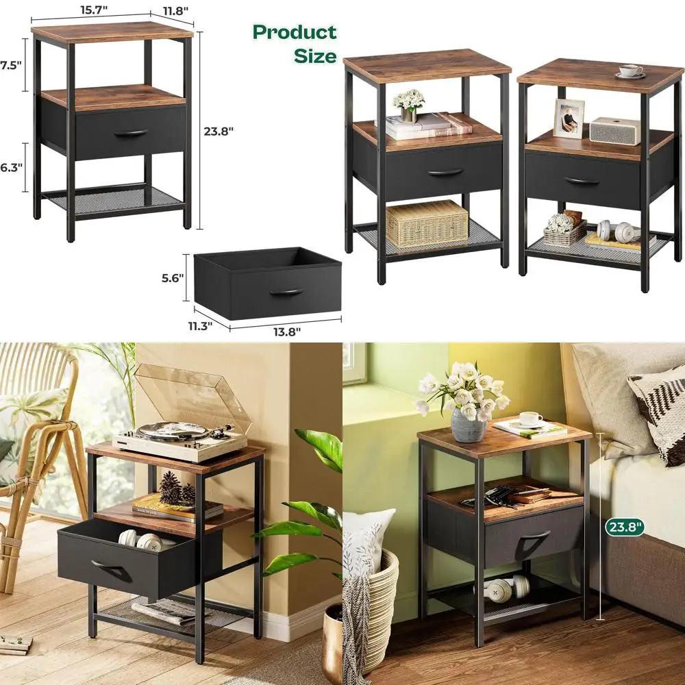 Rustic Brown and Black Nightstand Set with Fabric Drawers, Mesh Shelf, and Storage Side Table
Rustic Brown and Black Nightstand Set with Fabric Drawers, Mesh Shelf, and Storage Side Table