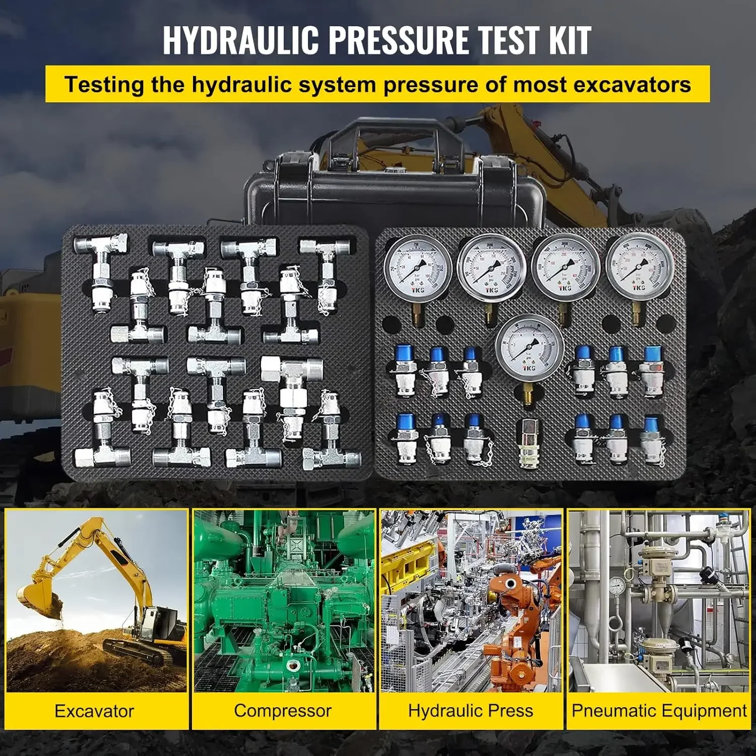 Hydraulic Pressure Test Kit, 10/100/250/400/600bar, 5 Gauges 13 Test Couplings 14 Tee Connectors 5 Test Hoses, Hydraulic Gauge
Hydraulic Pressure Test Kit, 10/100/250/400/600bar, 5 Gauges 13 Test Couplings 14 Tee Connectors 5 Test Hoses, Hydraulic Gauge