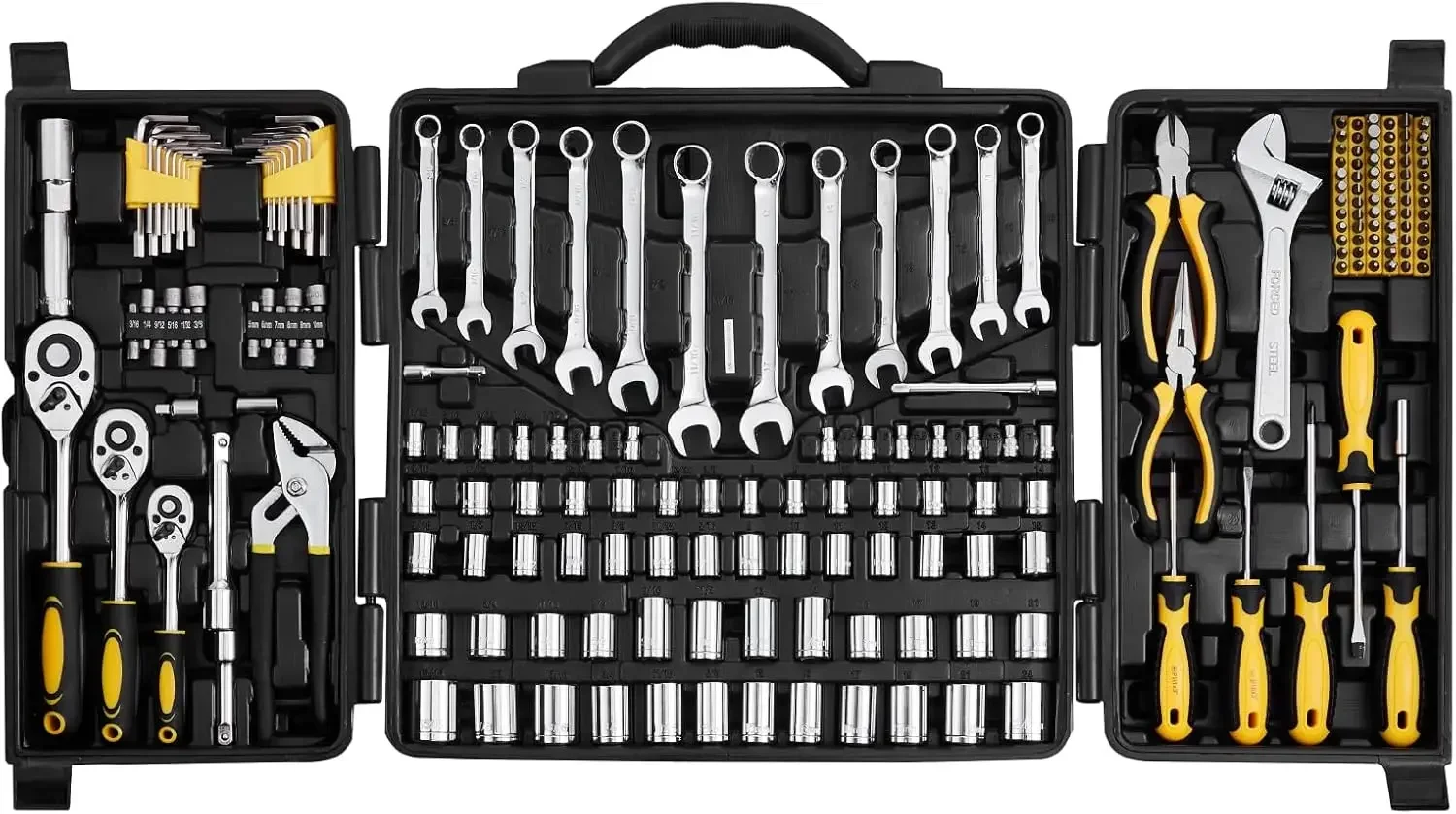 Mechanics Tool Set 207 Pieces 1/4" 3/8" 1/2" Drive Sockets - SAE and Metric Mechanic Tool Kit with Bits - for Automotive Repair
Mechanics Tool Set 207 Pieces 1/4" 3/8" 1/2" Drive Sockets - SAE and Metric Mechanic Tool Kit with Bits - for Automotive Repair