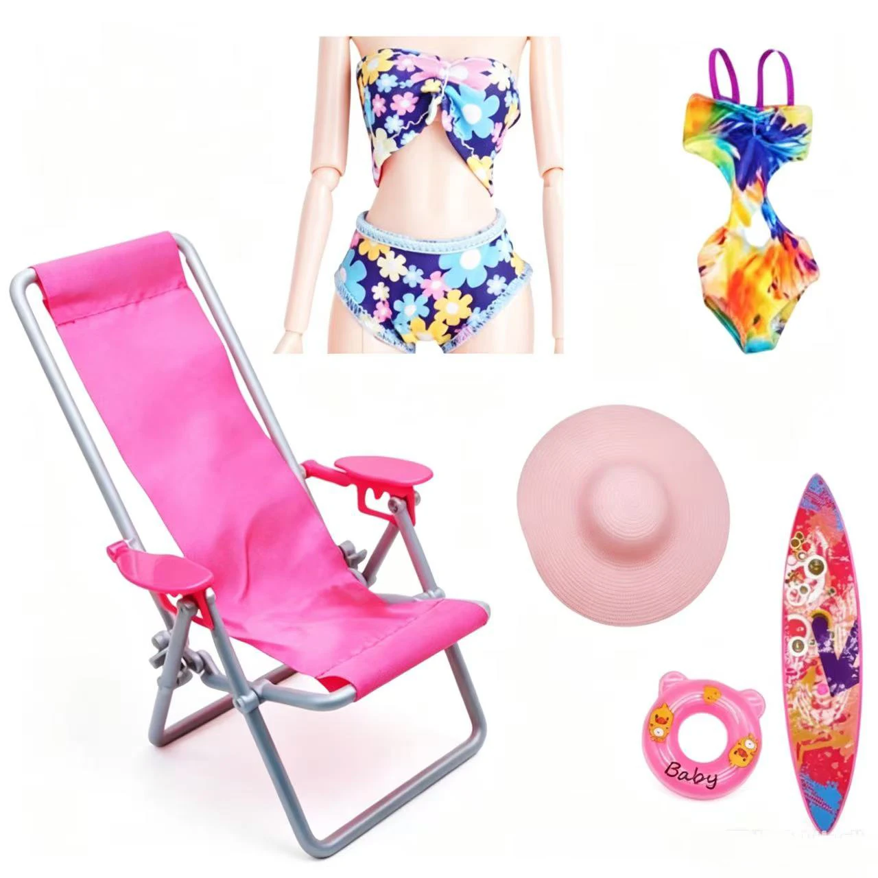 6 pcs Dollhouse Beach Accessories Kit - 11.5" Doll Swimwear, Foldable Chair, Sun Hat, Swim Ring and Surfboard for Barbie dolls
6 pcs Dollhouse Beach Accessories Kit - 11.5" Doll Swimwear, Foldable Chair, Sun Hat, Swim Ring and Surfboard for Barbie dolls