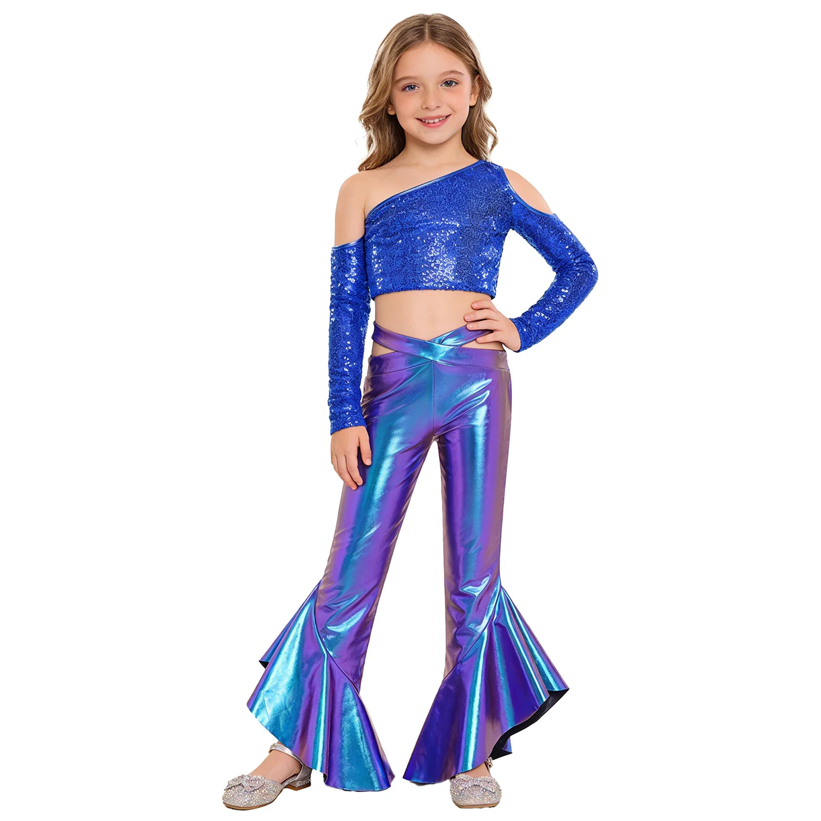 Shiny Sequined Disco Party Crop Top Set for Girls One Shoulder Long Sleeve Tassel with Ruffled Bell Bottom Metallic Trousers
Shiny Sequined Disco Party Crop Top Set for Girls One Shoulder Long Sleeve Tassel with Ruffled Bell Bottom Metallic Trousers