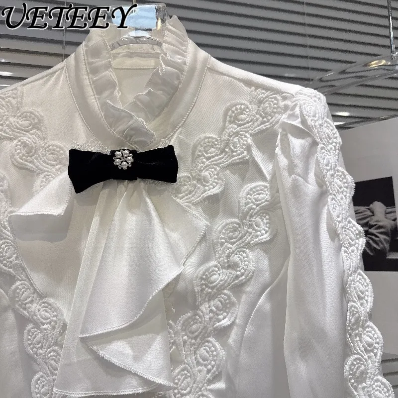 Spring and Autumn New French Style Elegant Socialite White Stand Collar Top with Bow Tie Lace Crochet Edge Shirt Blouse
Spring and Autumn New French Style Elegant Socialite White Stand Collar Top with Bow Tie Lace Crochet Edge Shirt Blouse