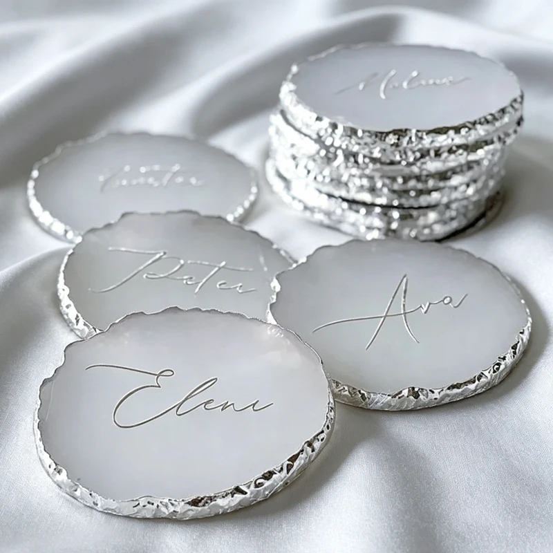 Personalized Wedding Place Cards Silver Rim Resin Coasters Wedding Favors for Guests, Birthday Party Favors
Personalized Wedding Place Cards Silver Rim Resin Coasters Wedding Favors for Guests, Birthday Party Favors