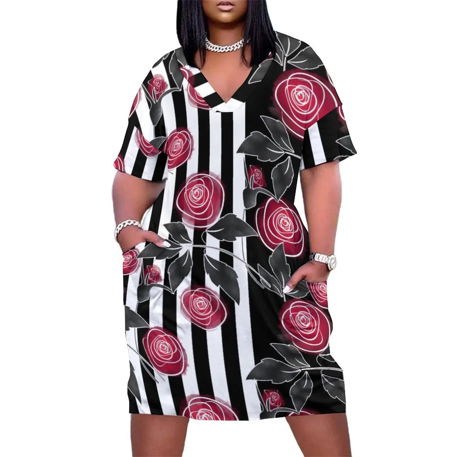 Red roses on black and white striped background. Loose Pocket Dress dress for women sexy dress
Red roses on black and white striped background. Loose Pocket Dress dress for women sexy dress