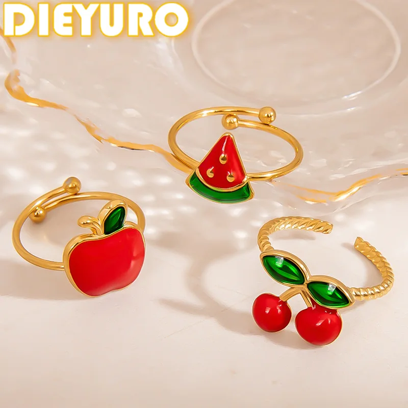 DIEYURO 316L Stainless Steel Red Drip Apple Watermelon Cherry Fruit Opening Ring Women Trend New Concise Waterproof Ring Jewelry
DIEYURO 316L Stainless Steel Red Drip Apple Watermelon Cherry Fruit Opening Ring Women Trend New Concise Waterproof Ring Jewelry