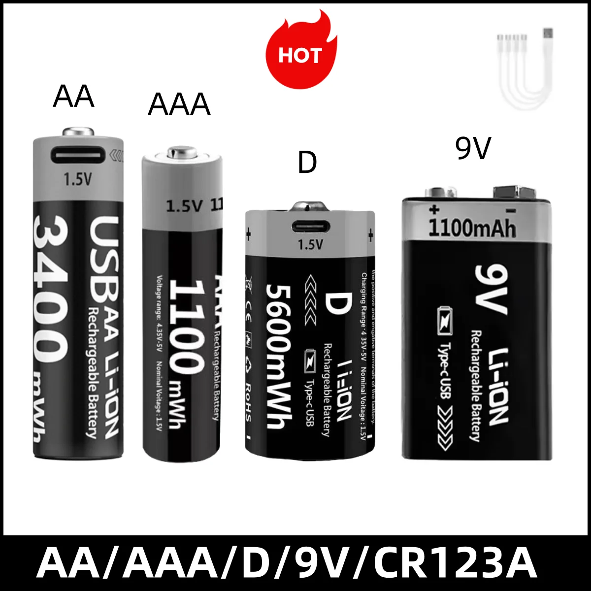 High capacity AAA and AA Rechargeable Batteries USB Lithium-ion 3400mWh 1.5V AA Rechargeable Batteries+1100mWh 1.5V AAA Battery 
High capacity AAA and AA Rechargeable Batteries USB Lithium-ion 3400mWh 1.5V AA Rechargeable Batteries+1100mWh 1.5V AAA Battery
