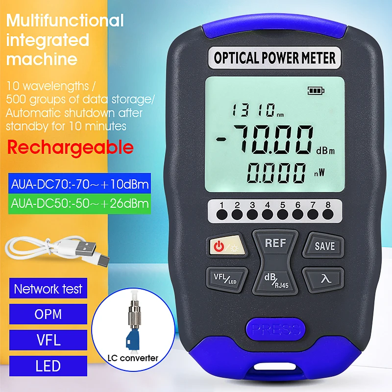 AUA-DC70 Optical Power Meter -70~+10dBm 4 in 1 Multifunction Fiber Network Cable Tester Visual Fault Locator1-50MW (optional)
AUA-DC70 Optical Power Meter -70~+10dBm 4 in 1 Multifunction Fiber Network Cable Tester Visual Fault Locator1-50MW (optional)