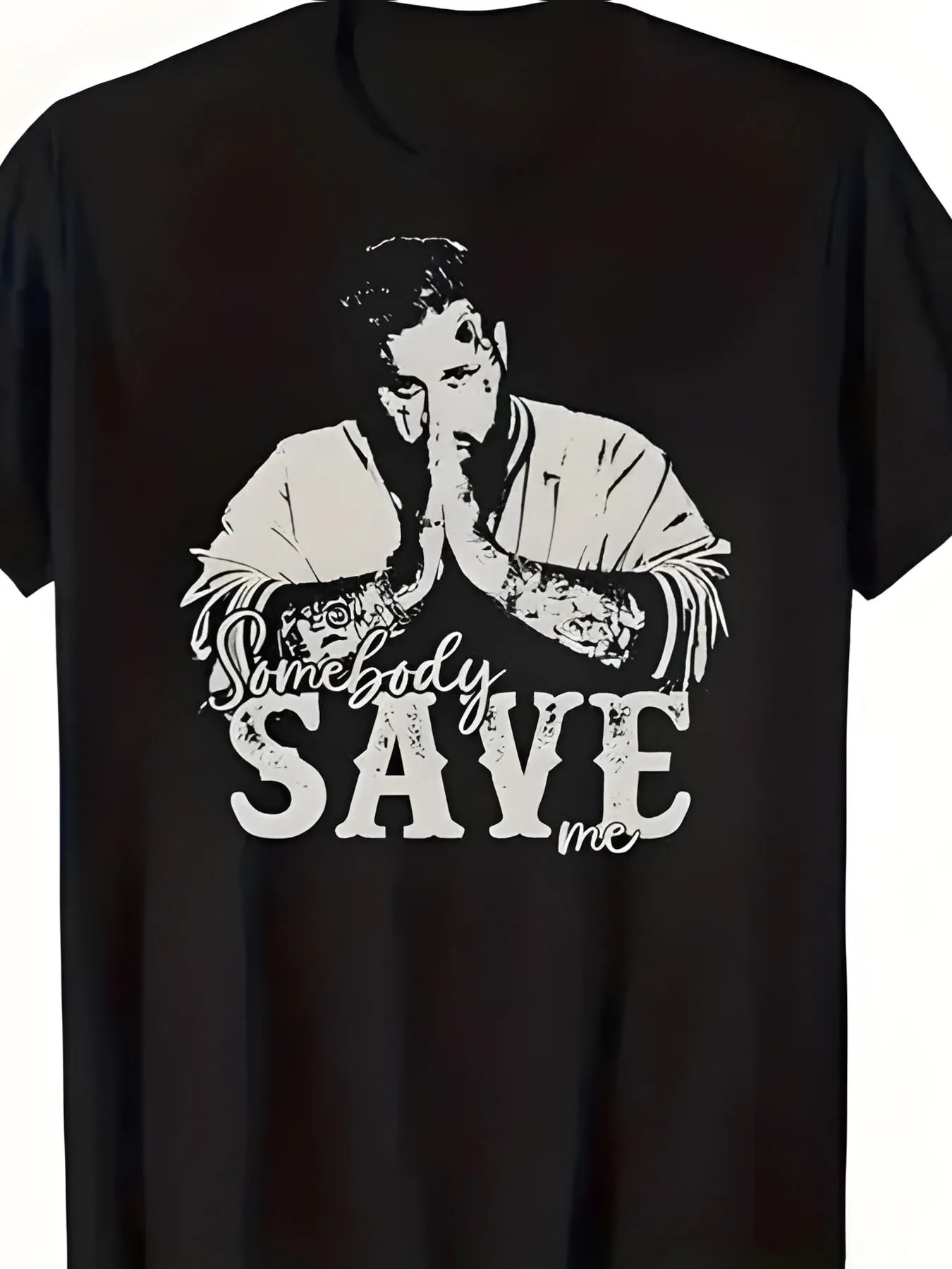 Everyday Comfort Edgy Mens T-Shirt with Bold Somebody SAVE me Portrait Print 100% Cotton Oversized Fit Round Neck
Everyday Comfort Edgy Mens T-Shirt with Bold Somebody SAVE me Portrait Print 100% Cotton Oversized Fit Round Neck