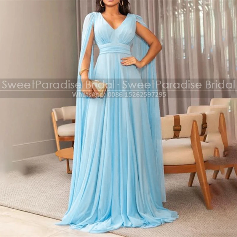 Customized Long A Line Mother of the Bride Dresses Deep V Neck Backless Cloak Shawl Light Blue Chiffon Formal Evening Dress
Customized Long A Line Mother of the Bride Dresses Deep V Neck Backless Cloak Shawl Light Blue Chiffon Formal Evening Dress