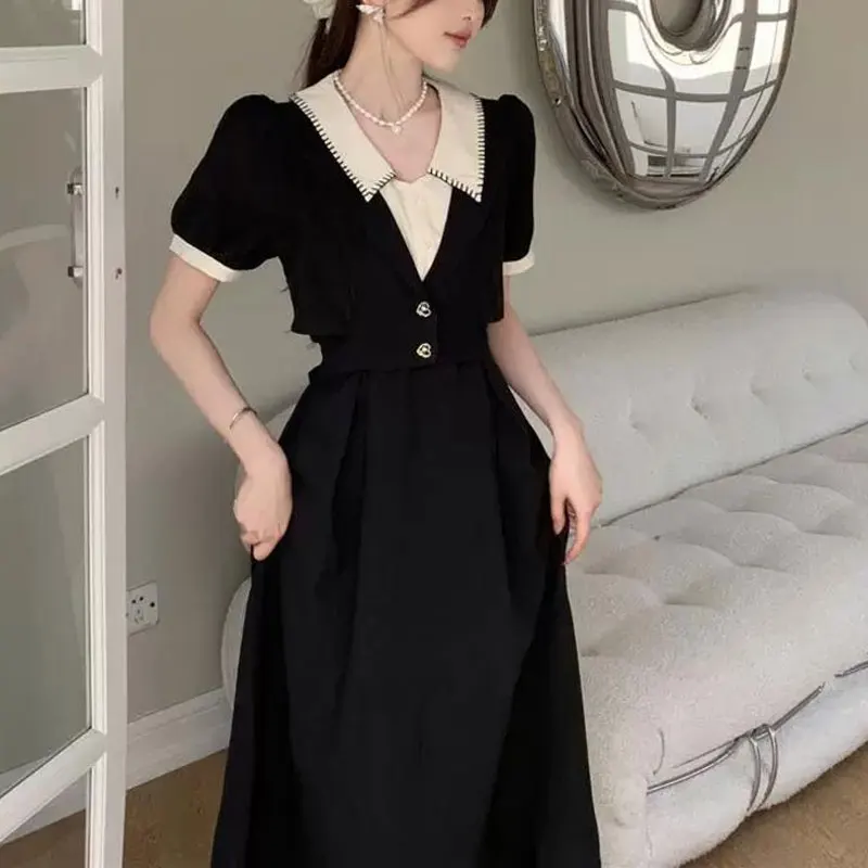 Fake Two Pieces Spliced Dresses Female clothing Lapel Fashionable Summer Vintage Button Korean Short Sleeve A-Line Midi Dresses
Fake Two Pieces Spliced Dresses Female clothing Lapel Fashionable Summer Vintage Button Korean Short Sleeve A-Line Midi Dresses