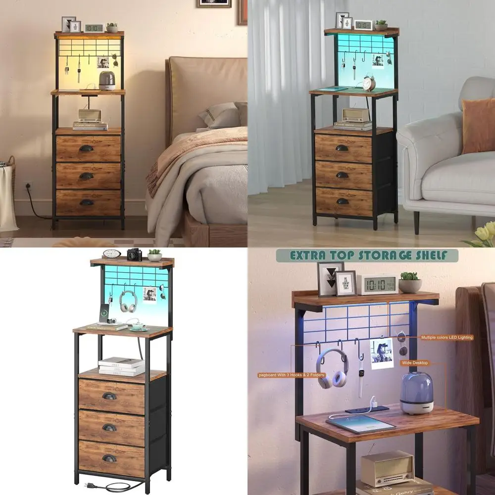 Rustic Brown Tall Nightstands with Charging Station, LED Lights, Fabric Drawers, Hooks, USB Ports, and Open Shelves
Rustic Brown Tall Nightstands with Charging Station, LED Lights, Fabric Drawers, Hooks, USB Ports, and Open Shelves