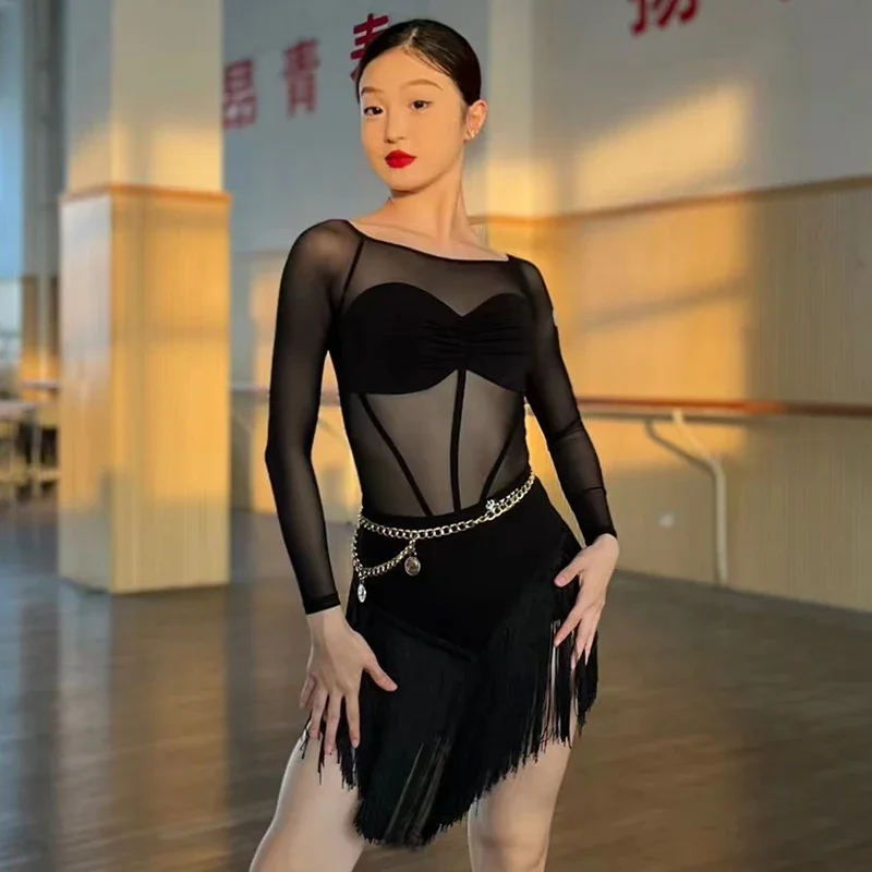 Latin Dance Dress Women Sexy Mesh Long Sleeves Leotard Black Fringe Skirt Cha Cha Rumba Samba Performance Costume Adult DNV18986
Latin Dance Dress Women Sexy Mesh Long Sleeves Leotard Black Fringe Skirt Cha Cha Rumba Samba Performance Costume Adult DNV18986