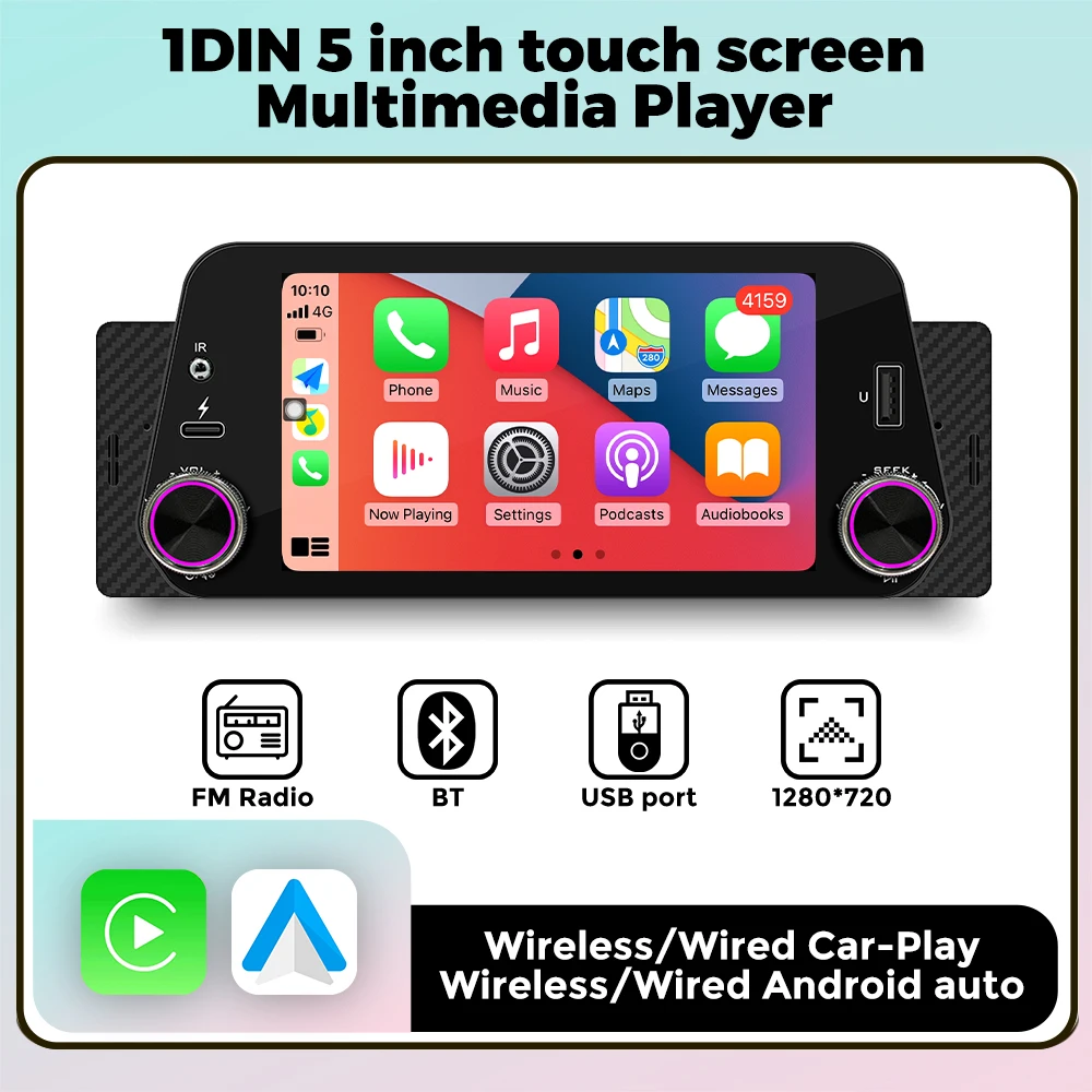 Car Navigation Headunit 5 inch Universal HD Touch Screen Multimedia Video Player Wireless/Wired Car-Play Android Auto FM Radio
Car Navigation Headunit 5 inch Universal HD Touch Screen Multimedia Video Player Wireless/Wired Car-Play Android Auto FM Radio