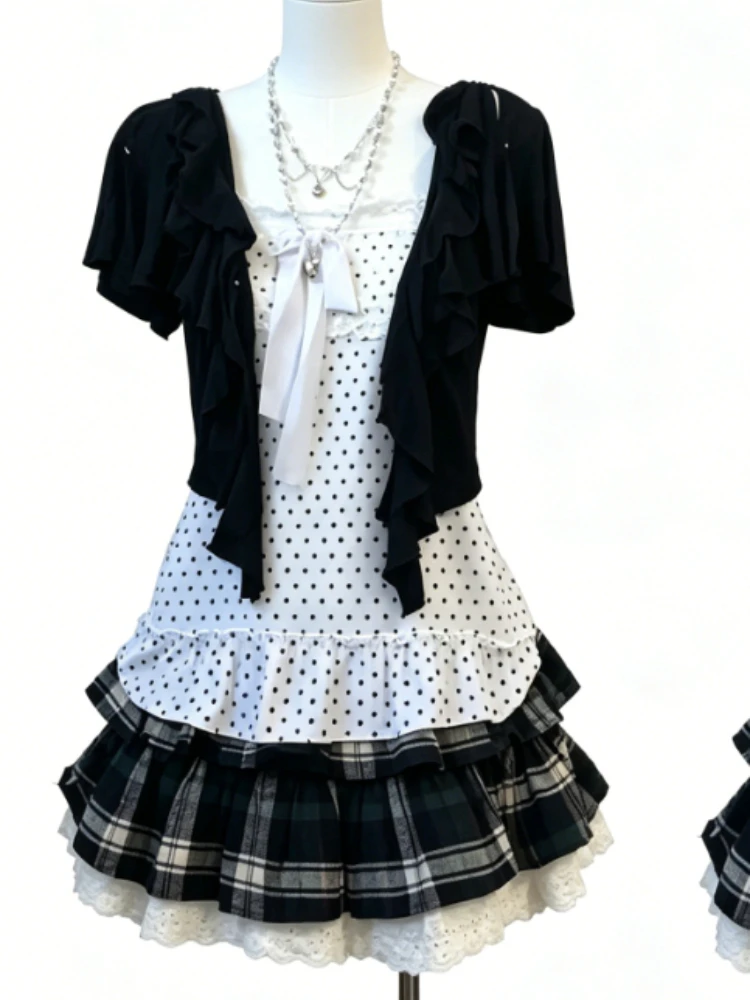 Vintage Coquette 2 Piece Dress Set Women Polka Dot Plaid Ruffle Lace Bow Cropped Cardigan Slim Fit Elegant Casual Party Outfit
Vintage Coquette 2 Piece Dress Set Women Polka Dot Plaid Ruffle Lace Bow Cropped Cardigan Slim Fit Elegant Casual Party Outfit