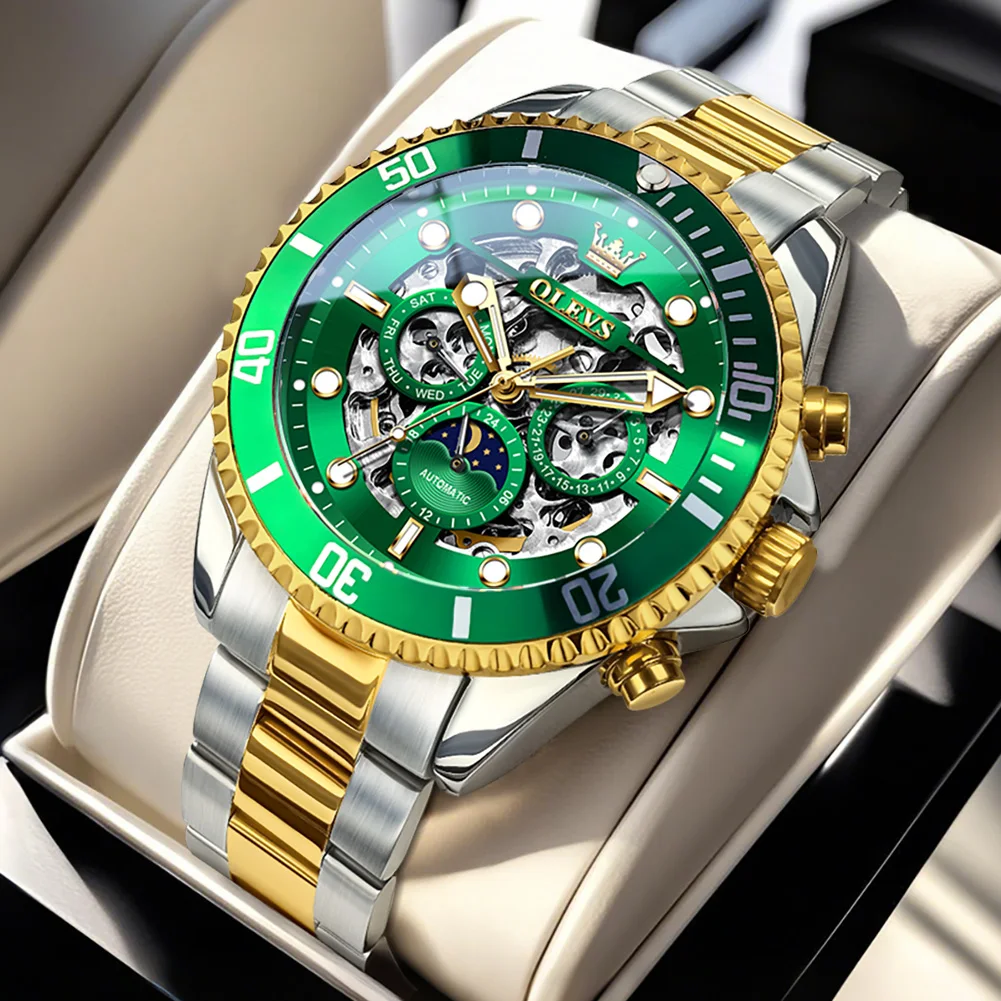 OLEVS 6715 Moon Phase Skeleton Men's Watches Waterproof Luminous Brand Automatic Mechanical Watch Fashion Weekly Calendar Watch
OLEVS 6715 Moon Phase Skeleton Men's Watches Waterproof Luminous Brand Automatic Mechanical Watch Fashion Weekly Calendar Watch