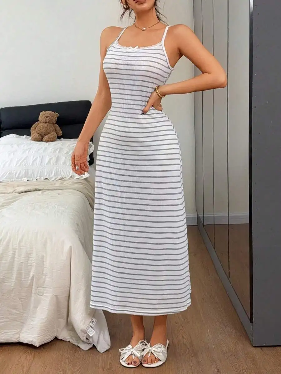 Womens Knitted Striped Spaghetti Strap V-Neck Lace Trim Fitted Long Nightgown
Womens Knitted Striped Spaghetti Strap V-Neck Lace Trim Fitted Long Nightgown