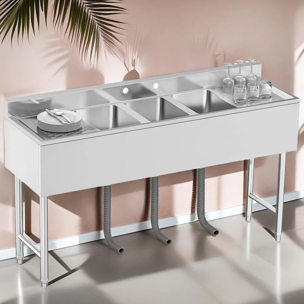 Commercial Kitchen Bar Sink 3 Compartment Stainless Steel with Double Drainboard, NSF Prep Freestanding Large Utility Underbar
Commercial Kitchen Bar Sink 3 Compartment Stainless Steel with Double Drainboard, NSF Prep Freestanding Large Utility Underbar