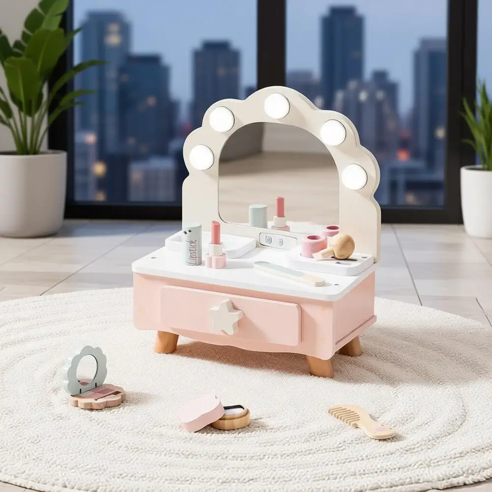 Children's Wooden Vanity Set with Mirror, Lights, and Makeup Accessories for Toddler Pretend Play
Children's Wooden Vanity Set with Mirror, Lights, and Makeup Accessories for Toddler Pretend Play