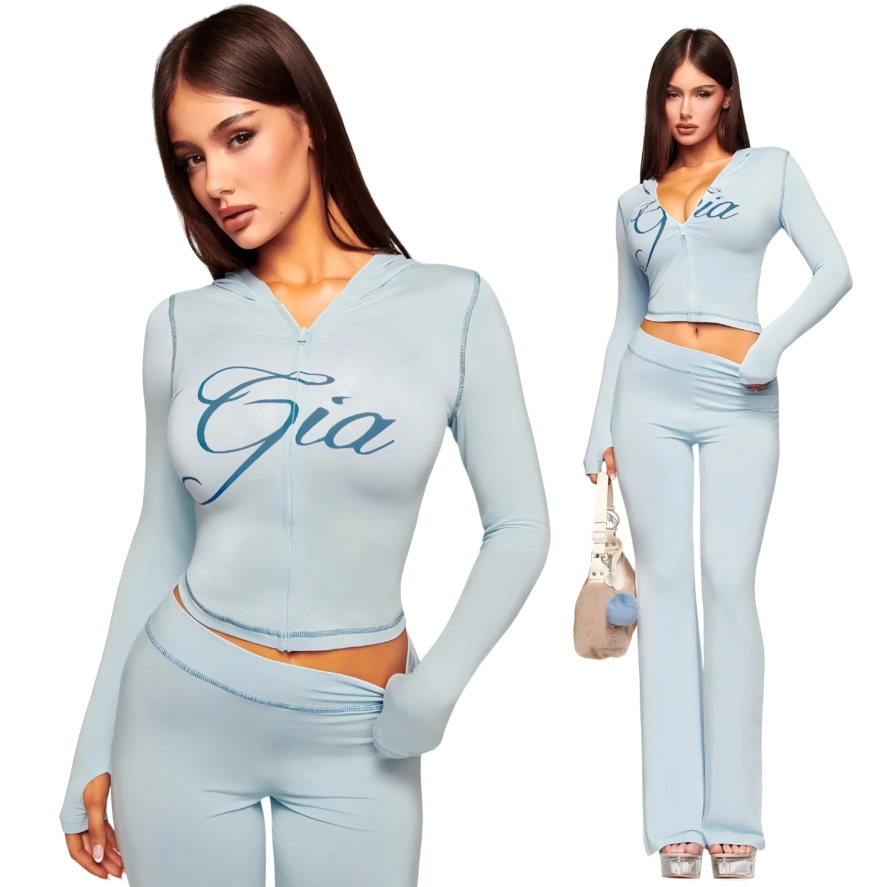 Gia babyblue regular shoulder slim-fit letter print topstitching design slim-fit hooded zip-up short jacket and pants set
Gia babyblue regular shoulder slim-fit letter print topstitching design slim-fit hooded zip-up short jacket and pants set