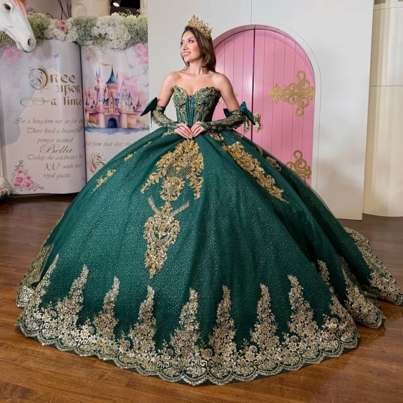 dark green Shiny Ball Gown Quinceanera Dresses Gold Applique Lace Beading Crystal Bow Tull Corset Off The Shoulder Sweet 16 Dres
dark green Shiny Ball Gown Quinceanera Dresses Gold Applique Lace Beading Crystal Bow Tull Corset Off The Shoulder Sweet 16 Dres