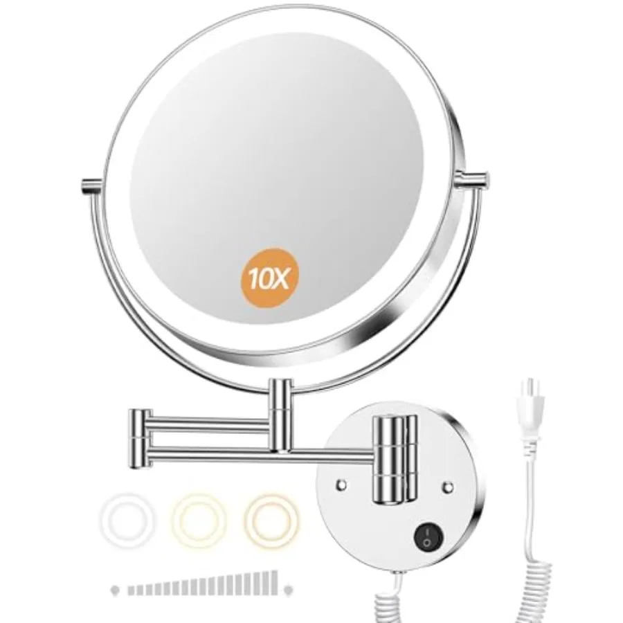 9" Wall Mounted Lighted Magnifying Mirror, 1X/10X Magnification Double-Sided LED Bathroom Mirror, 3 Color Lights and Stepless D
9" Wall Mounted Lighted Magnifying Mirror, 1X/10X Magnification Double-Sided LED Bathroom Mirror, 3 Color Lights and Stepless D