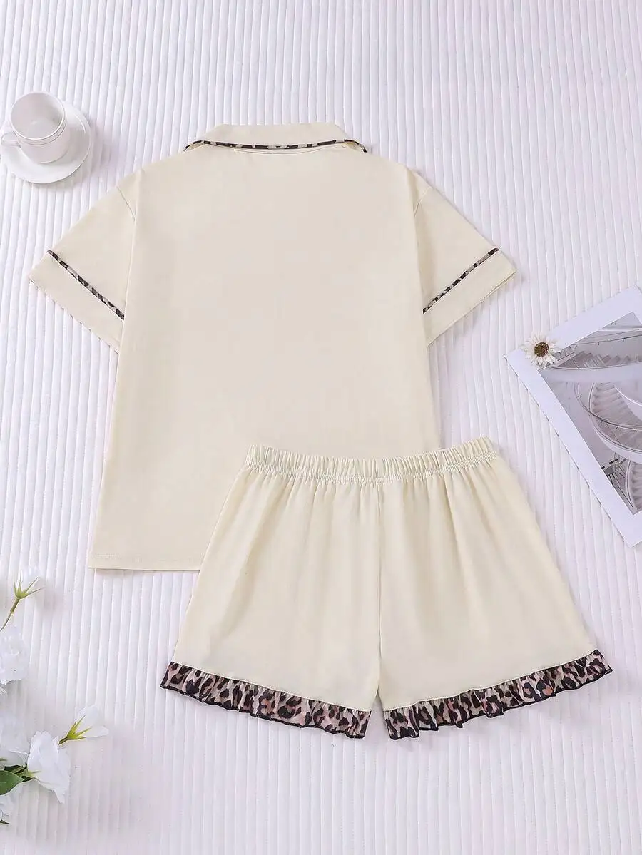 2PCS Women Solid And Leopard Print Pajama Set Short Sleeve Top Shorts Collar Button Front Sleepwear
2PCS Women Solid And Leopard Print Pajama Set Short Sleeve Top Shorts Collar Button Front Sleepwear
