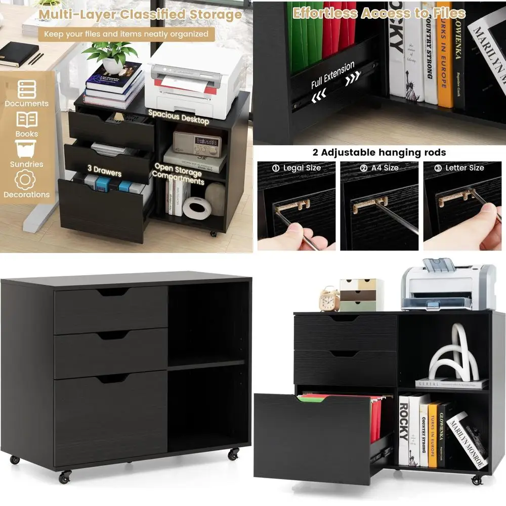 Mobile Rolling 3-Drawer Lateral File Cabinet with Open Shelves for Home Office, Black
Mobile Rolling 3-Drawer Lateral File Cabinet with Open Shelves for Home Office, Black