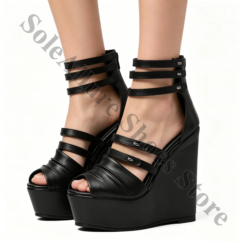 Ruched Toe Multi Thin Strap Platform Wedge Sandals Triple Ankle Band Back Zipper Fastening Wedge Shoes Two Layer Front Sandals
Ruched Toe Multi Thin Strap Platform Wedge Sandals Triple Ankle Band Back Zipper Fastening Wedge Shoes Two Layer Front Sandals