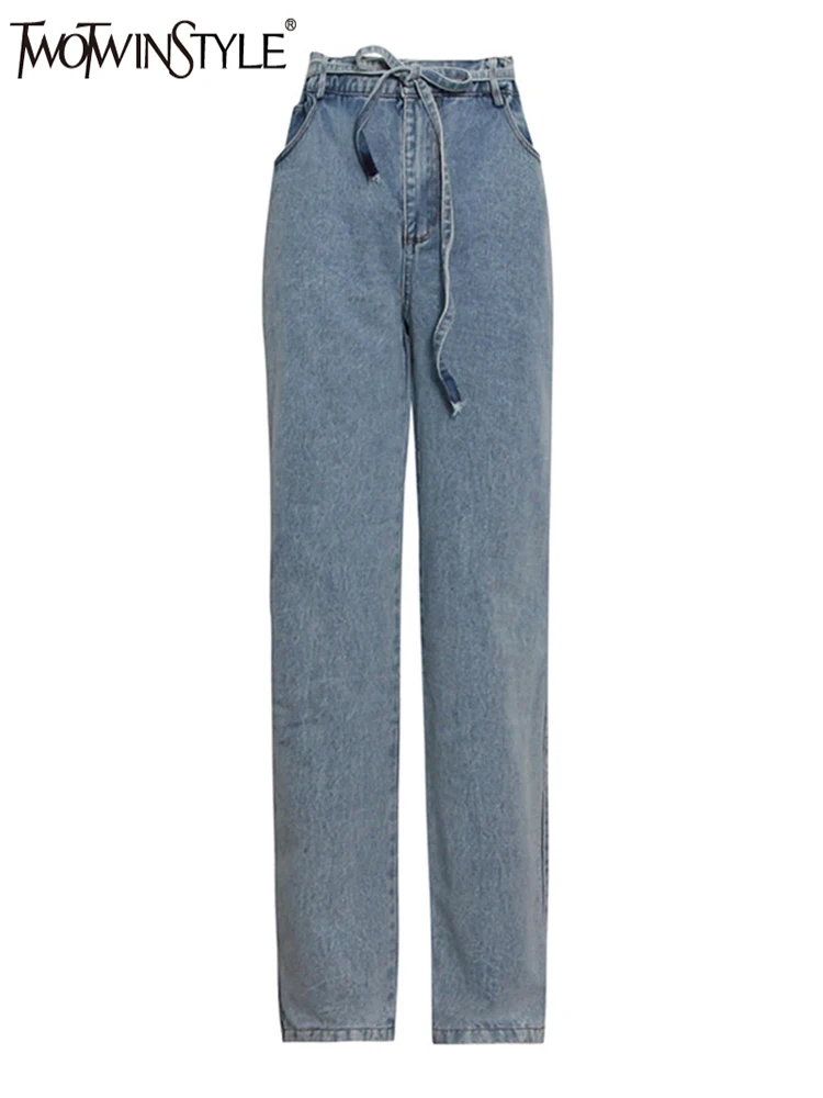 TWOTWINSTYLE Casual Patchwork Lace Up Denim Pant For Women High Waist Spliced Pocket Minimalist Straight Jeans Female Fashion
TWOTWINSTYLE Casual Patchwork Lace Up Denim Pant For Women High Waist Spliced Pocket Minimalist Straight Jeans Female Fashion