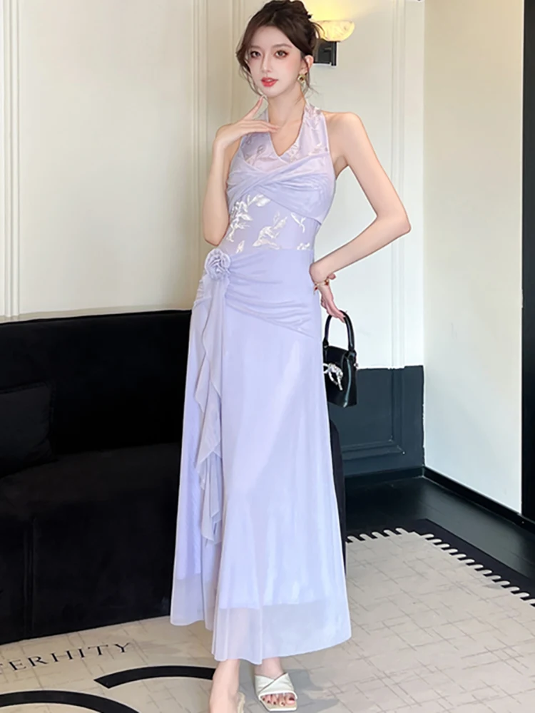 2026 Purple Patchwork Jacquare Neck-mounted Long Dress Women Elegant Chic Ruffled Casual Dress Summer Korean Luxury Party Dress
2026 Purple Patchwork Jacquare Neck-mounted Long Dress Women Elegant Chic Ruffled Casual Dress Summer Korean Luxury Party Dress