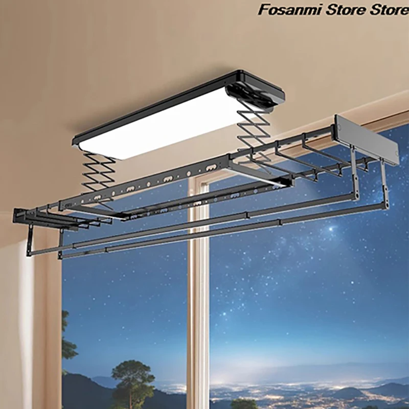 60W Curved LED Lighting Remote Control Lifting Electric Clothes Rack Retractable Foldable Home Balcony Smart Clothes Rack